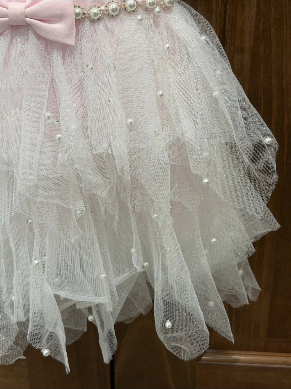 American Princess Toddler Pink & White Tulle Pearl Bow Formal Dress, 18 Months